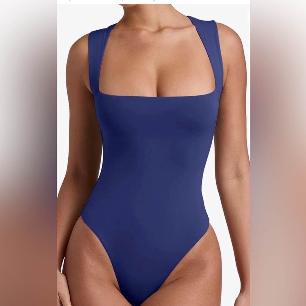 Basic sleeveless bodysuit with square neckline dark blue